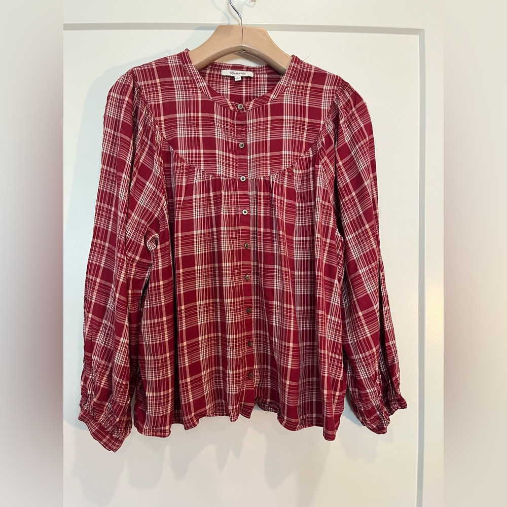 MADEWELL Red Plaid Button Front Blouse Balloon Sleeve Peasant Cottagecore Top L